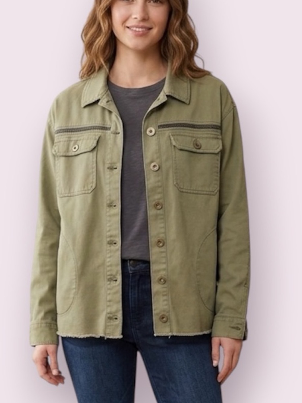 White Crow Shacket Jacket Top Cropped Hem Army Olive Green Oversized Small